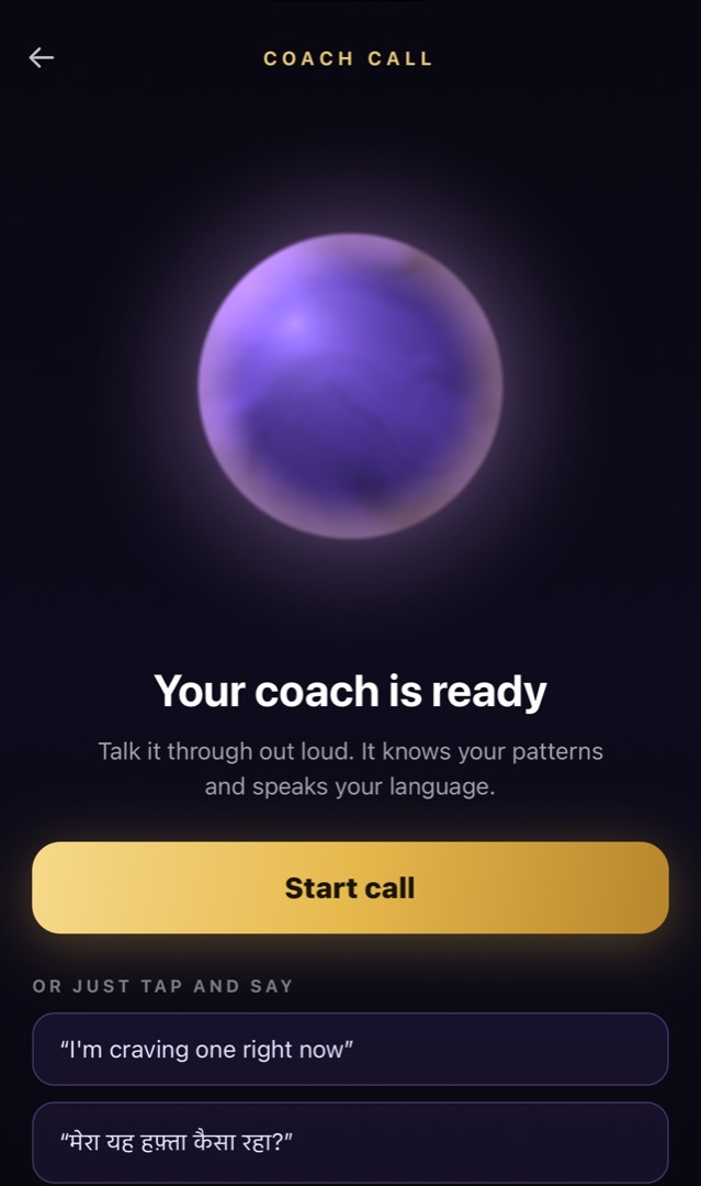 UrgeLock Coach Call: your coach is ready, with tap-to-say prompts in English and Hindi