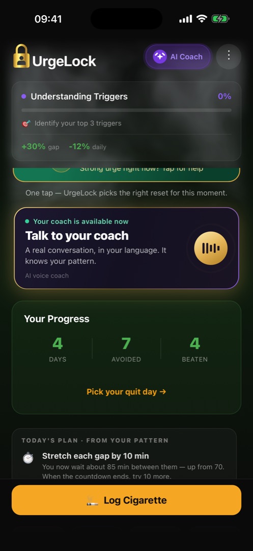UrgeLock progress: 4 days, 7 avoided, 4 beaten, a plan from your pattern and ₹88 saved