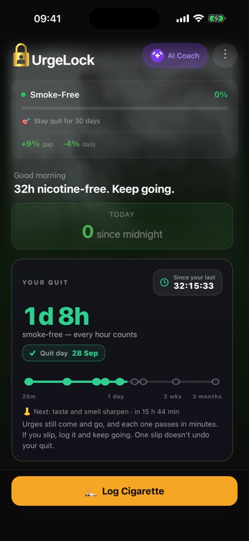 UrgeLock after the quit day: 1 day 8 hours smoke-free, quit day 28 Sep and a recovery timeline