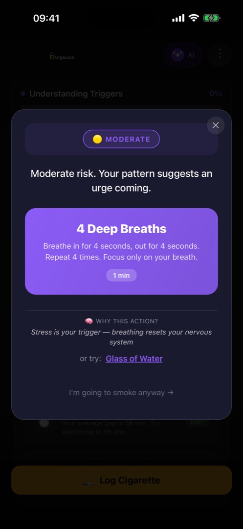 UrgeLock reading an urge: stress is the trigger, so it picks 4 Deep Breaths and says why